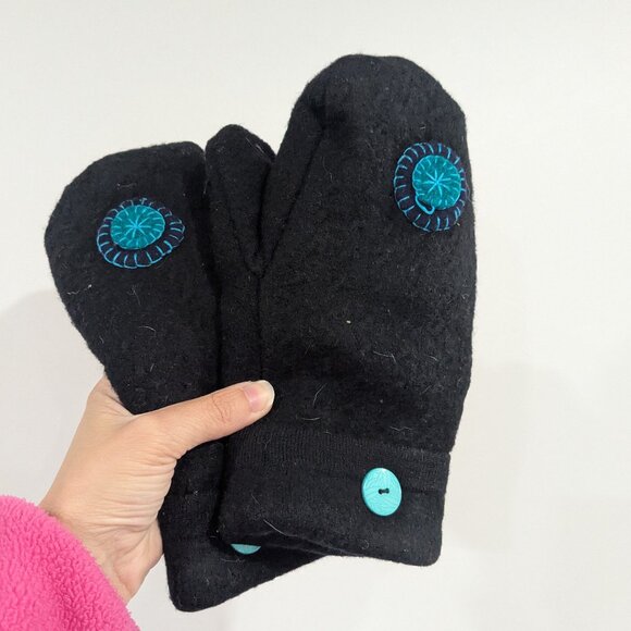 Handmade Felted Wool Fleece Lined Mittens Black Blue Green - Picture 1 of 3